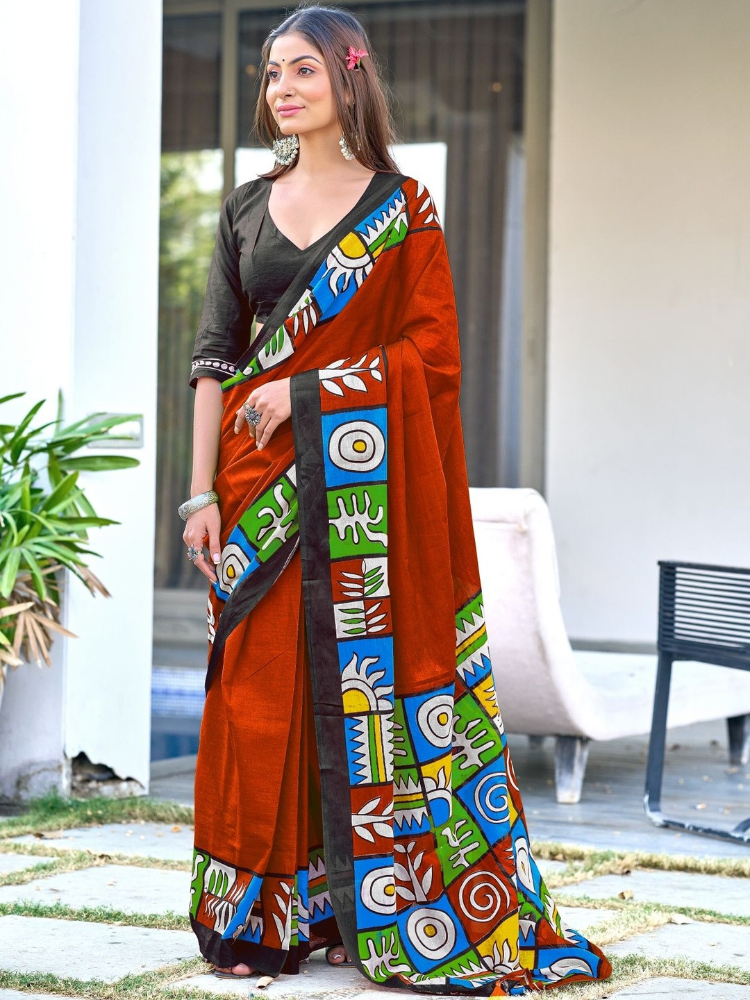 NIKATT PRISA Pure Cotton Block Print Saree With Blouse Piece