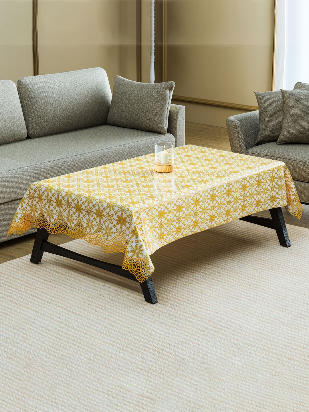 Aura Gold-Toned & White Floral Vinyl 4-Seater Rectangle Table Cover