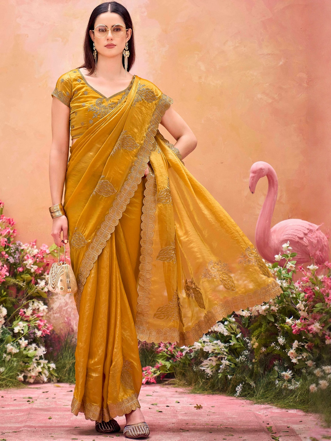 HERE&NOW Ethnic Motifs Embroidered Satin Saree