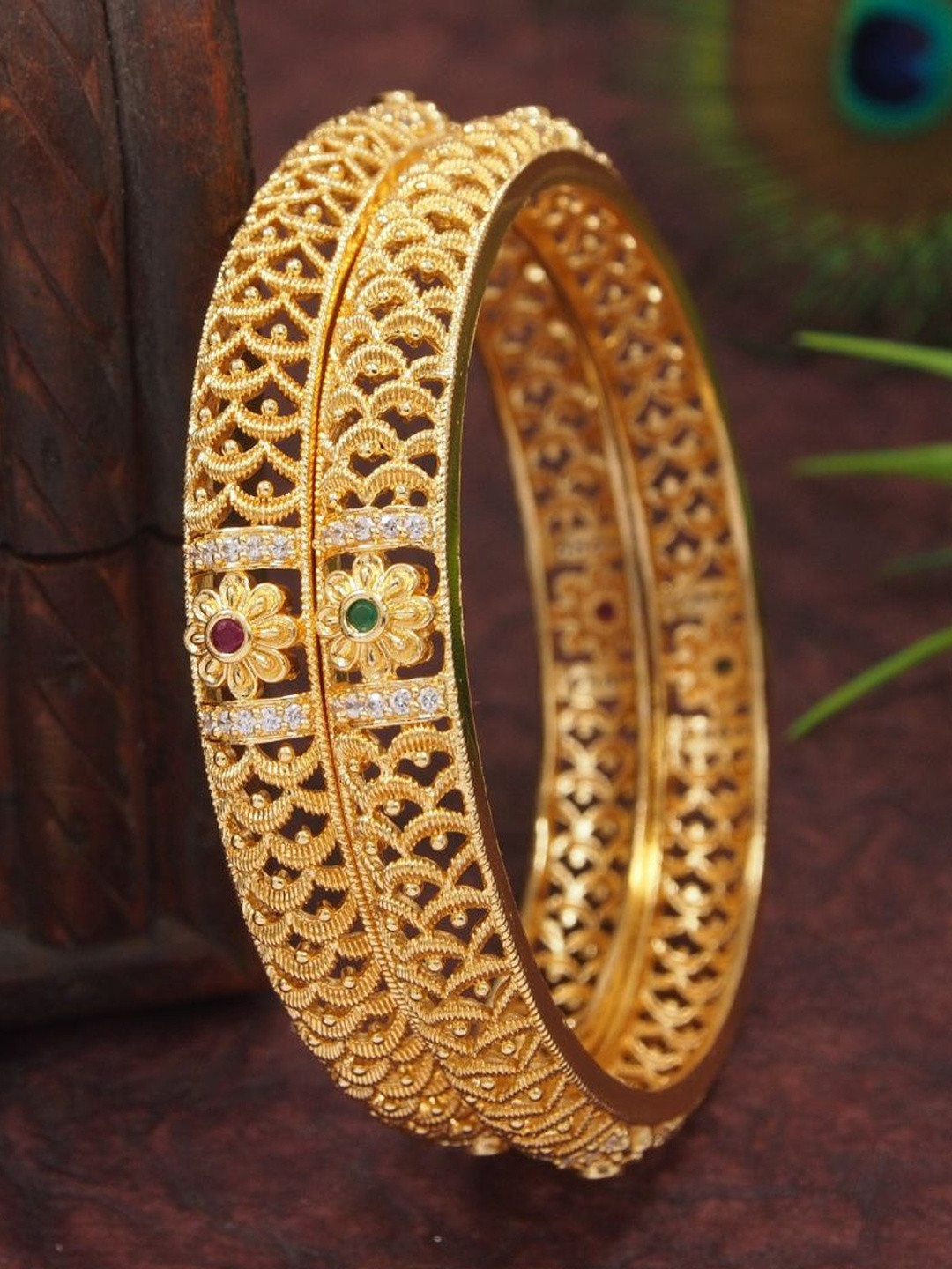 SGA FASHION  Set Of 2 Gold-Plated Zircon Stone Studded Temple Design Bangles