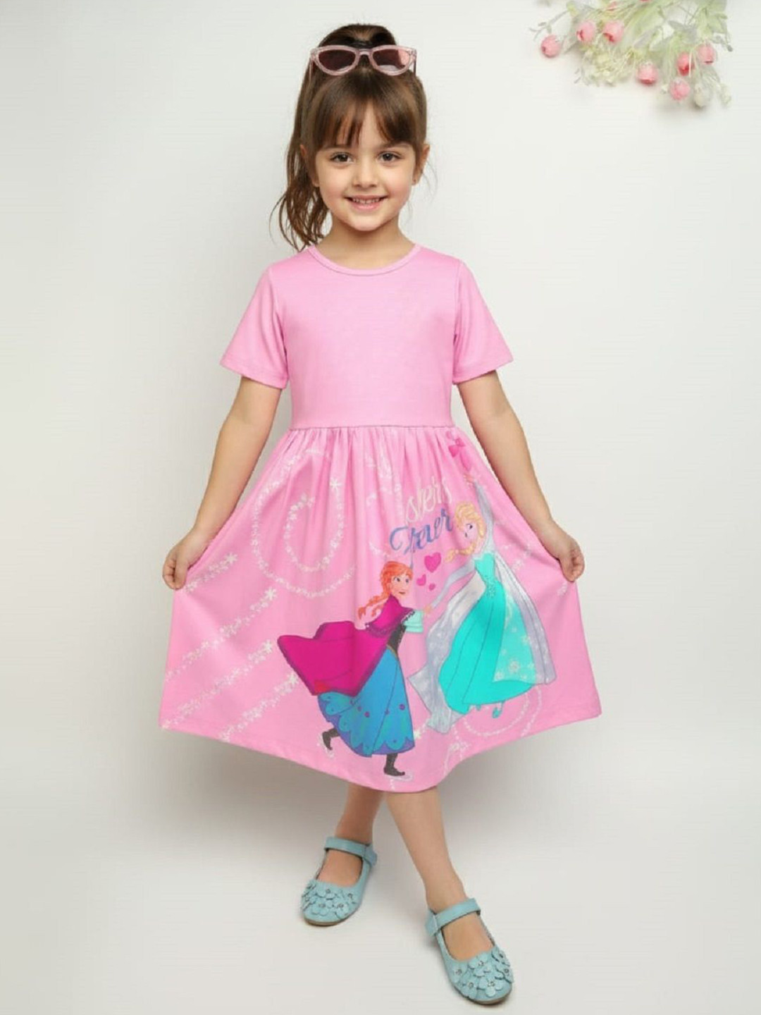 BAESD Girls Elsa & Anna Printed Fit & Flare Midi Dress