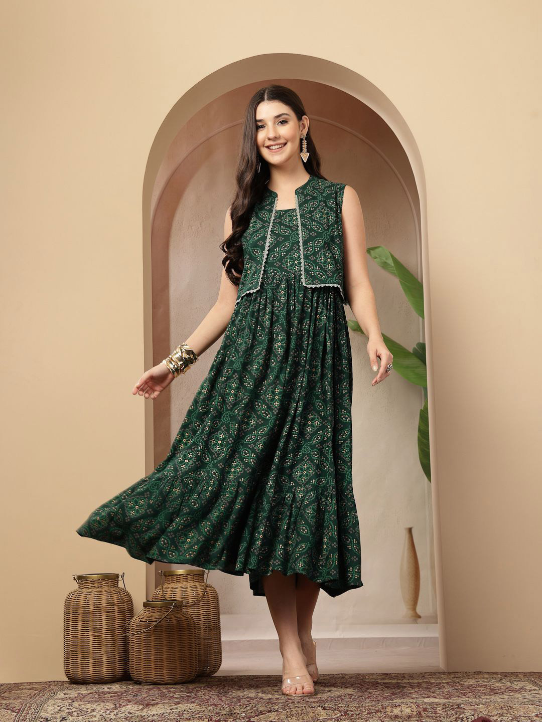 Sangria Bandhani Printed Tiered  Dress With Ethnic Jacket