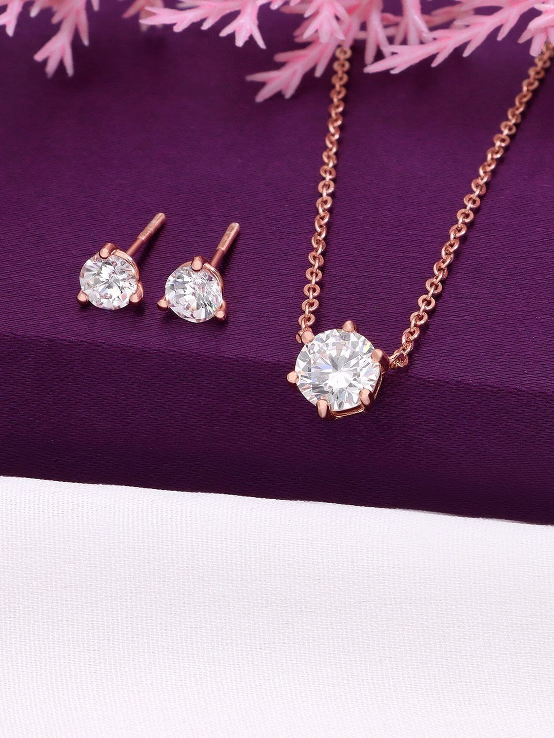 KAI JEWEL Sterling Silver Rose Gold-Plated Cubic Zirconia Studded Necklace And Earrings