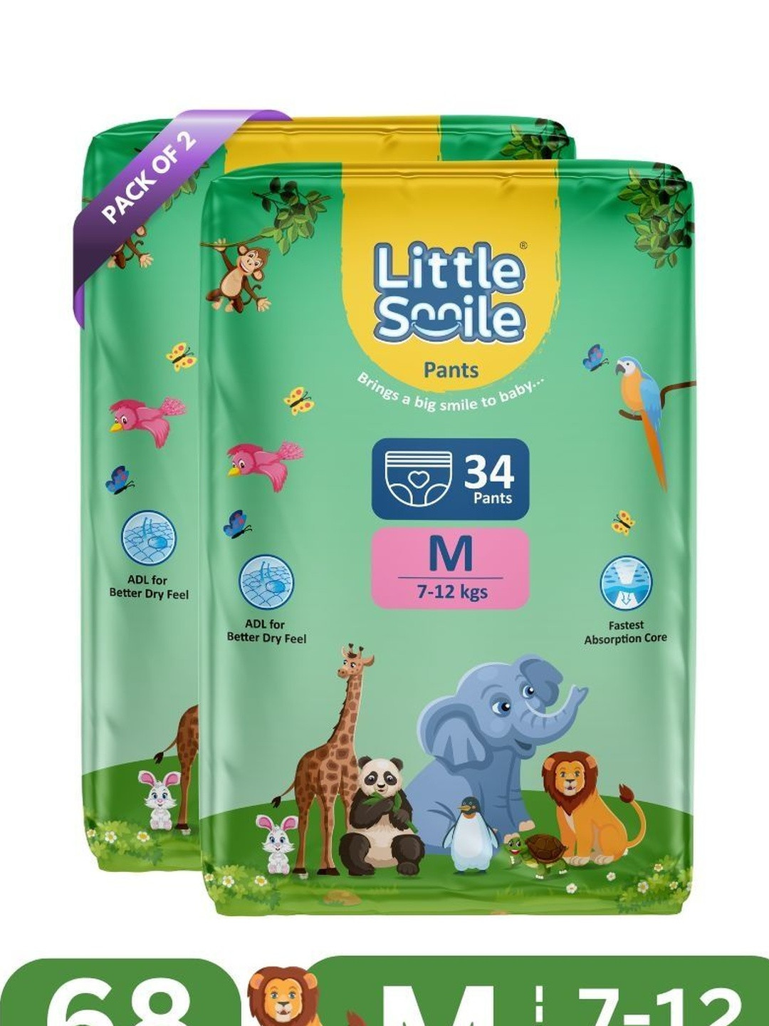 Little Smile Set Of 2 Better Dry Feel Baby Diapers - M - 34 Pcs Each