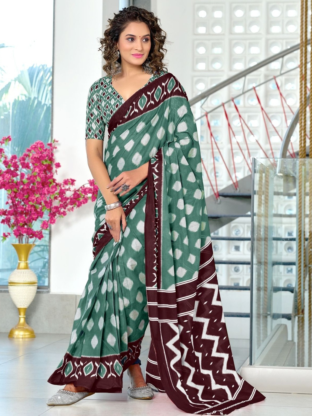 NIKATT MALHARI Pure Cotton Block Print Saree With Blouse Piece