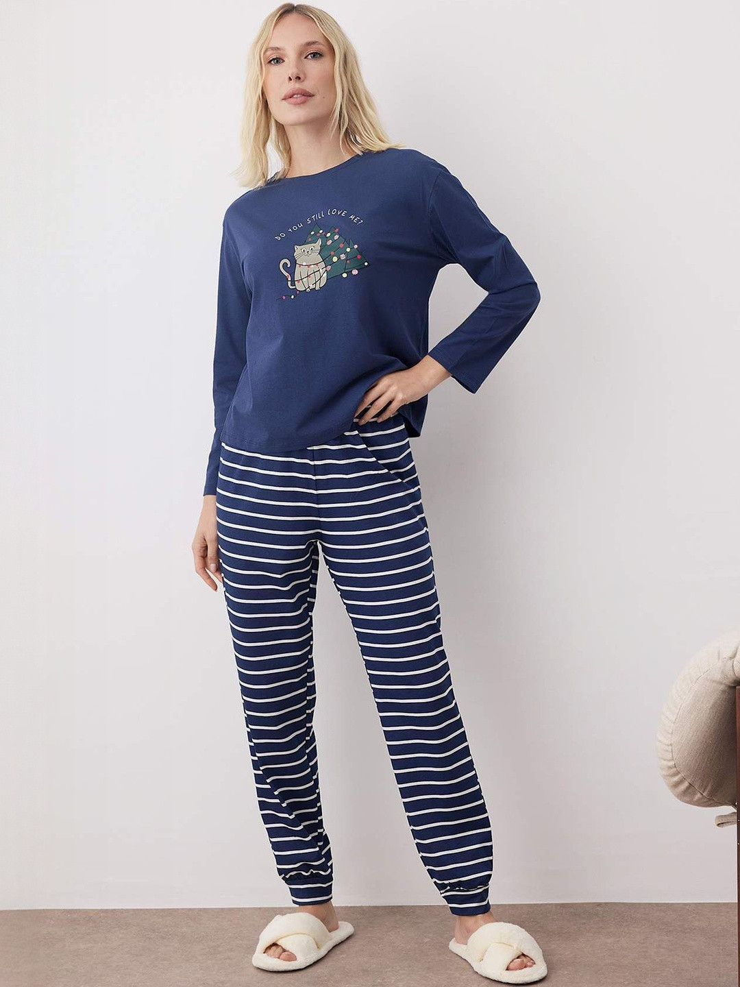 Trendyol Women Printed Pure Cotton T-shirt & Pajama Night suit