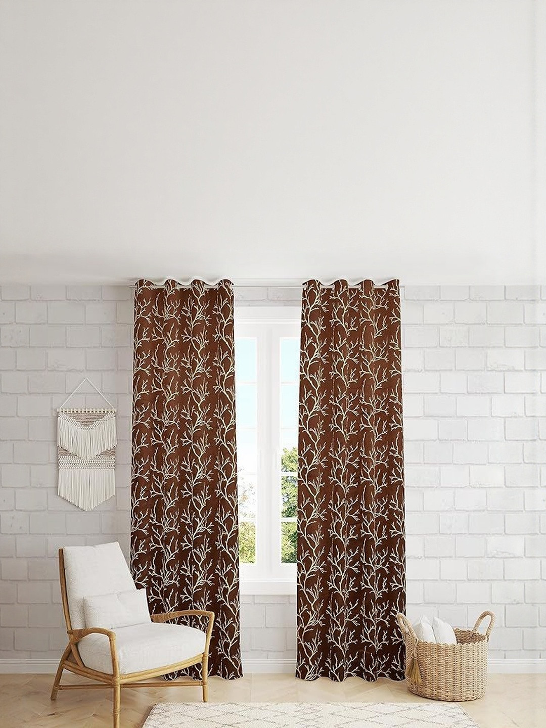 KFHDecor 2 Pcs Coffee Brown & Cream-Coloured Floral Room Darkening Velvet Window Curtain