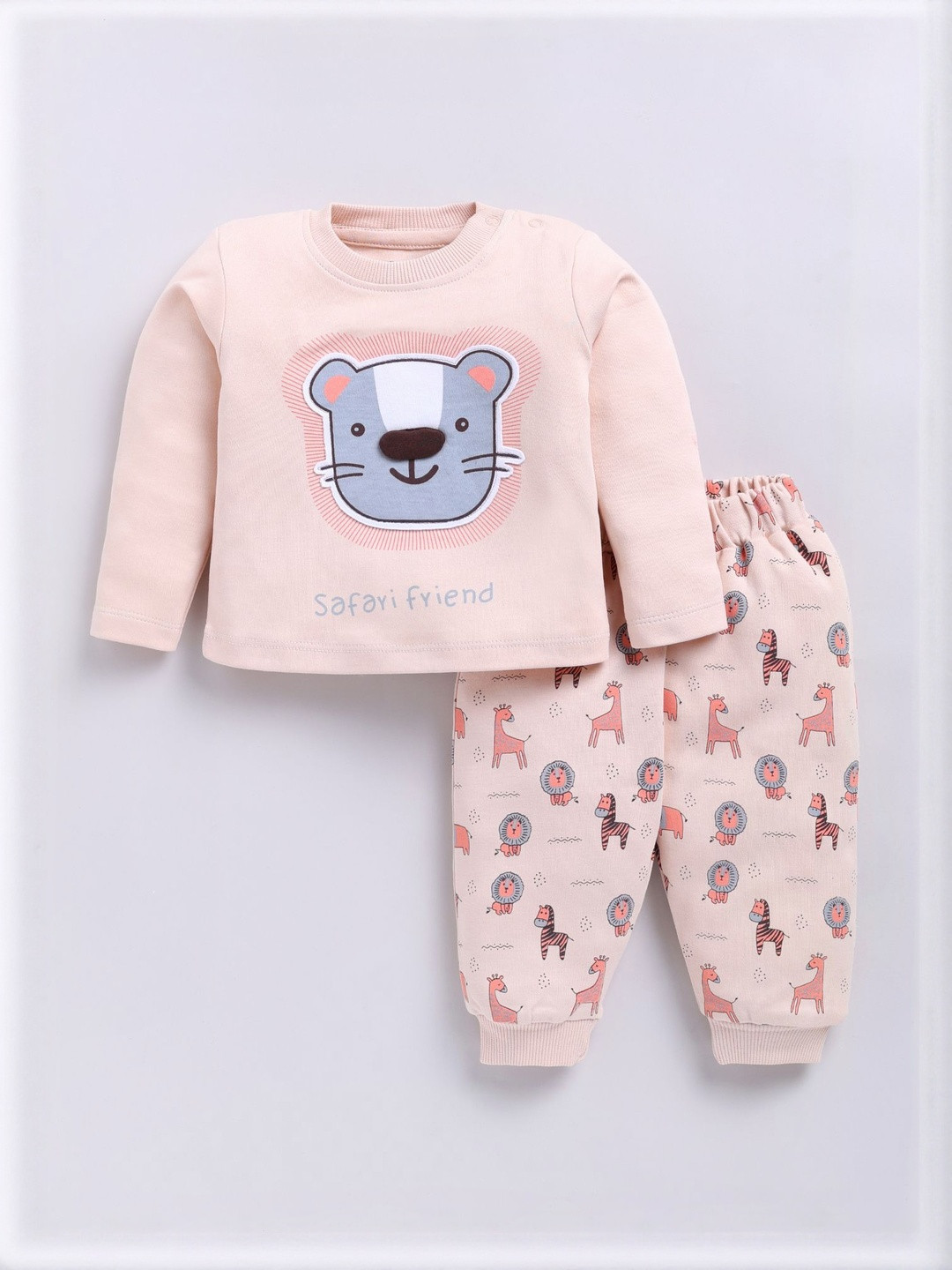 MooNKids Kids Animal Applique Round Neck Pure Cotton Top with Pyjamas