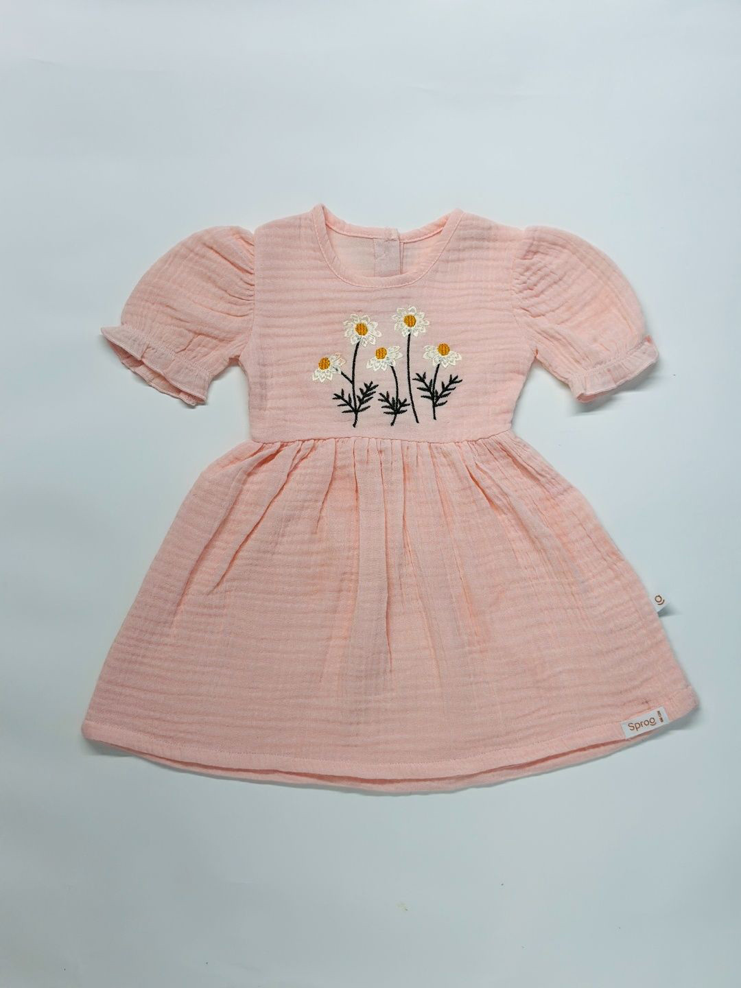 SPROG COLLECTION Girls Floral Embroidered Puff Sleeve Pleated Detail Fit & Flare Dress