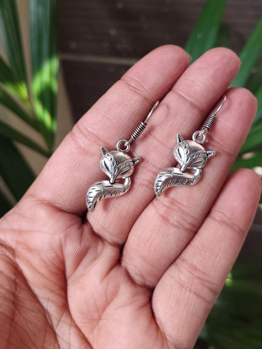 Hardin Style German Silver-Plated Fox Shaped Oxidised Drop Earrings