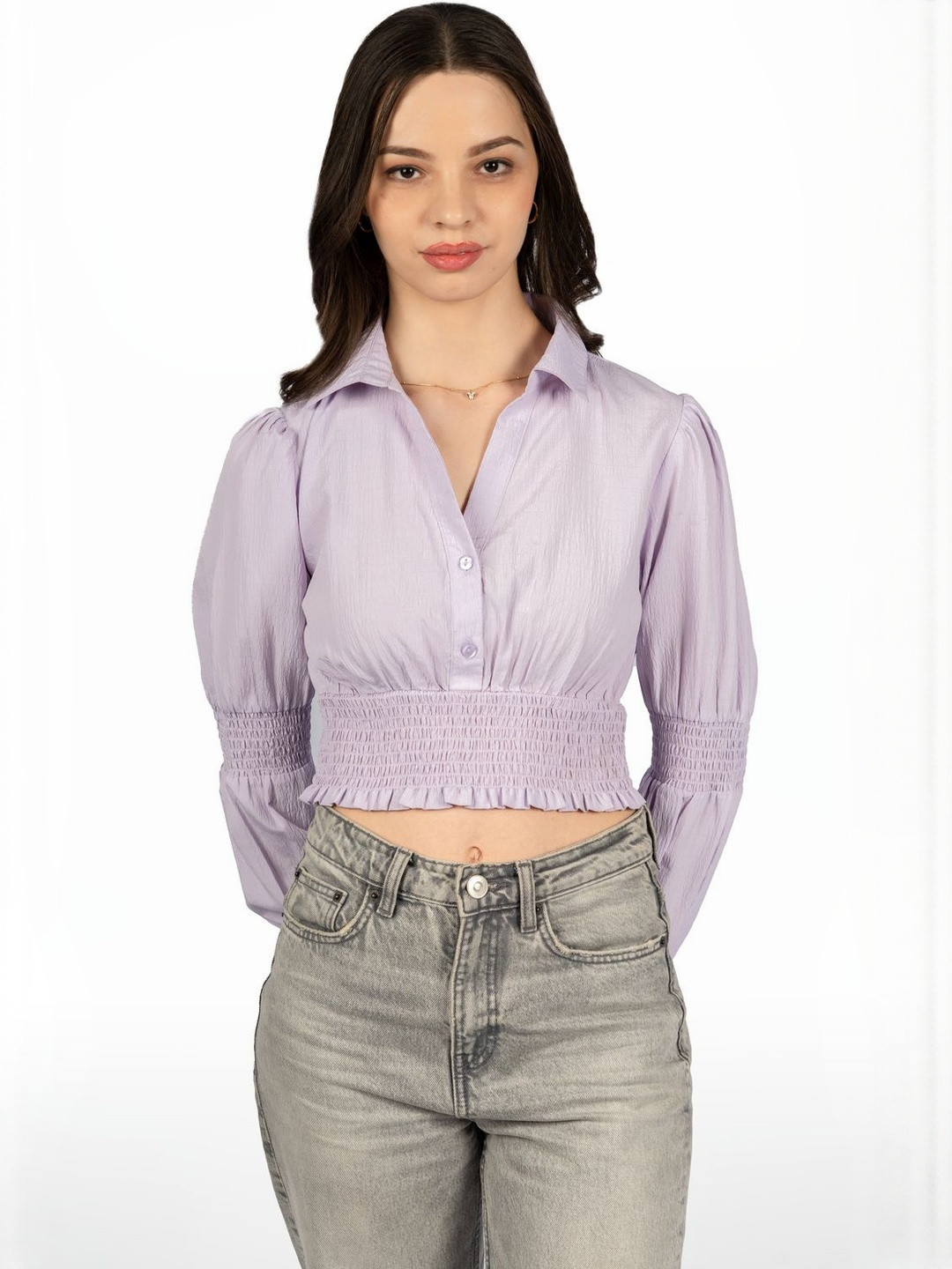 CORY EDGE Women Shirt Collar Puff Sleeve Smocking Fitted Crop Top