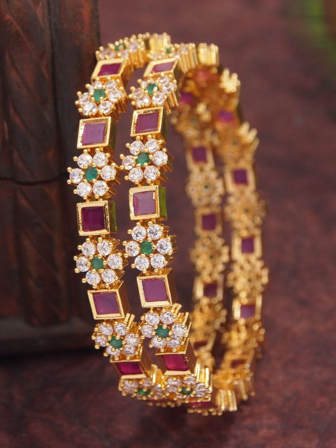 SGA FASHION  Set Of 2 Gold-Plated Floral Design Zircon Stone Studded Bangles