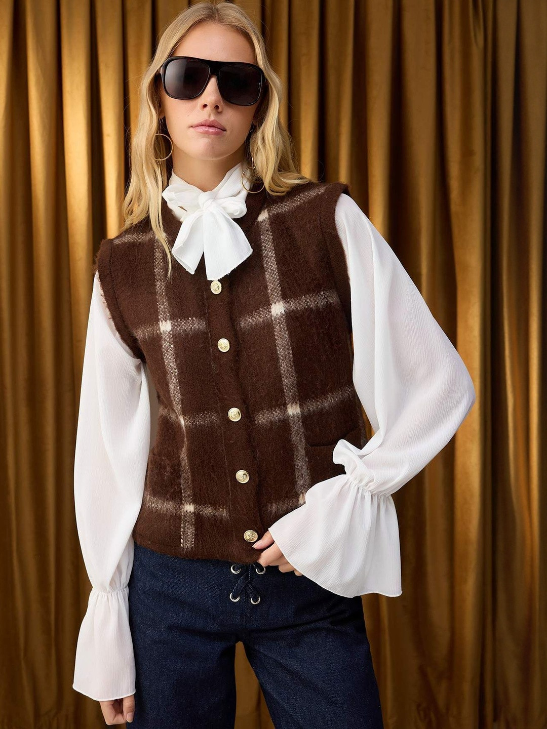 Trendyol Women Checked High Neck Tie-Ups Top