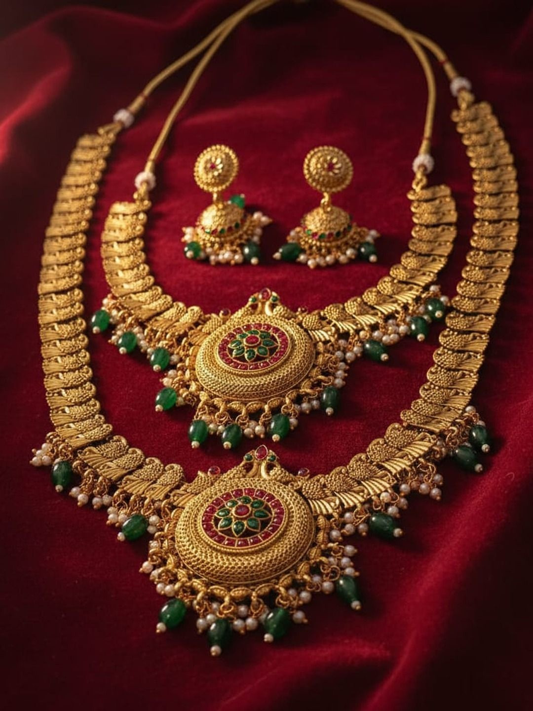 FIMBUL Gold-Plated Ruby-Studded & Beaded Two-Layered Jewellery Set