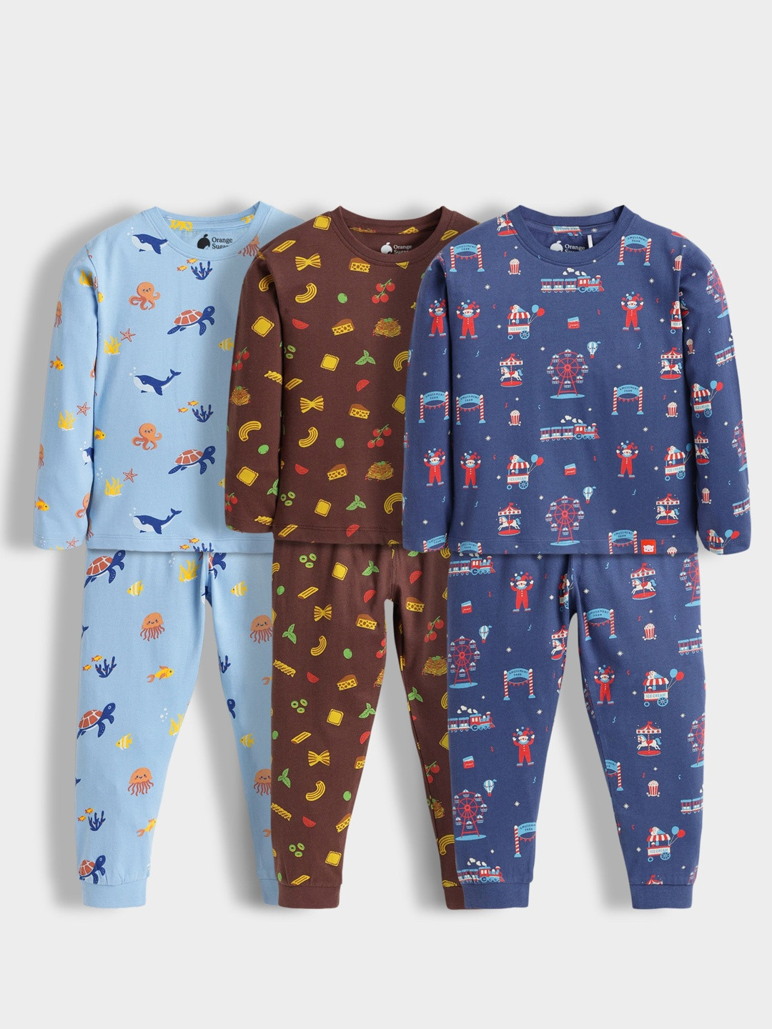 Orange Sugar Kids Pack Of 3 Printed Pure Cotton T-shirt & Joggers Night suit