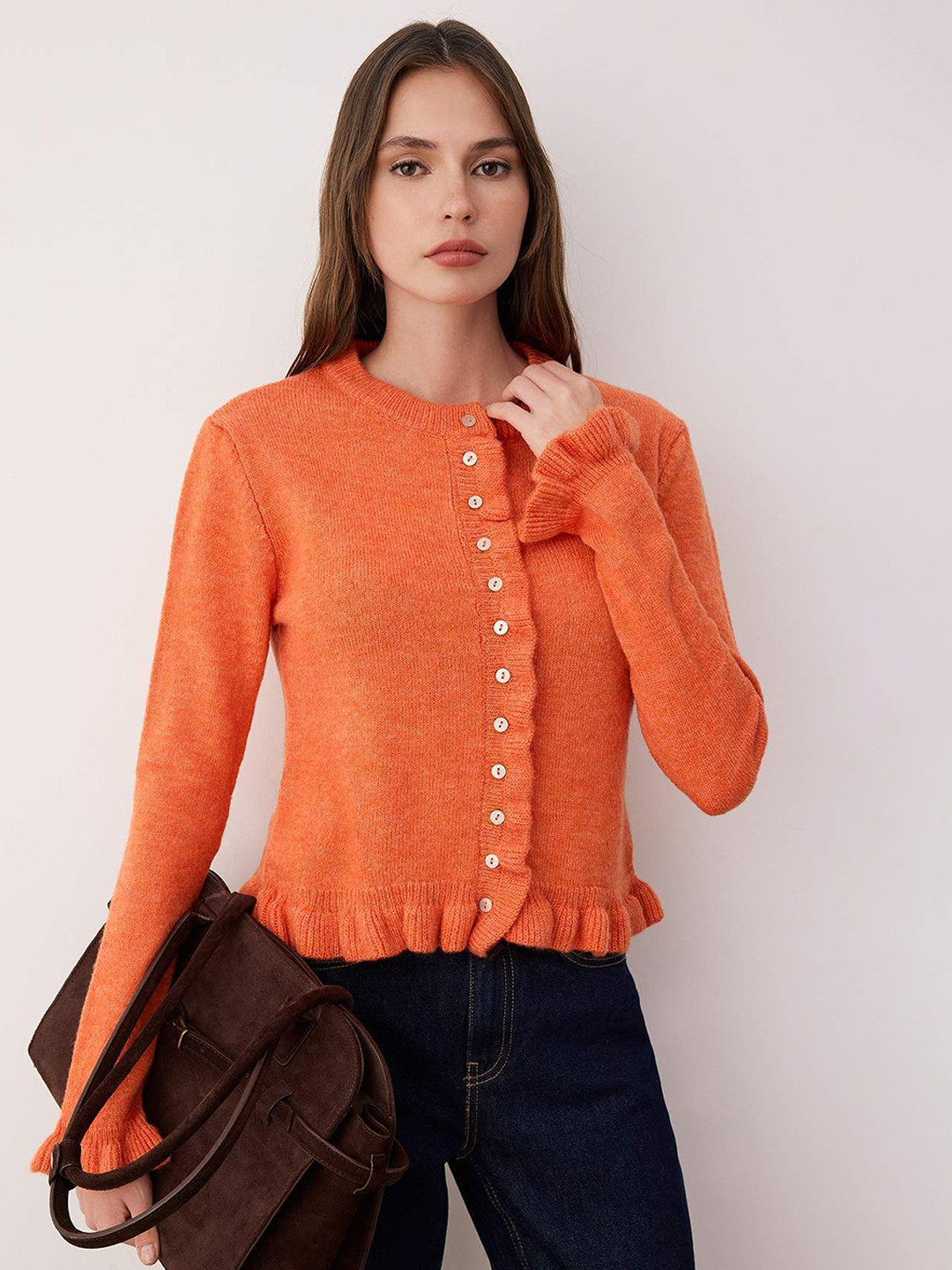 Trendyol Women Round Neck Cardigan with Ruffles Detail