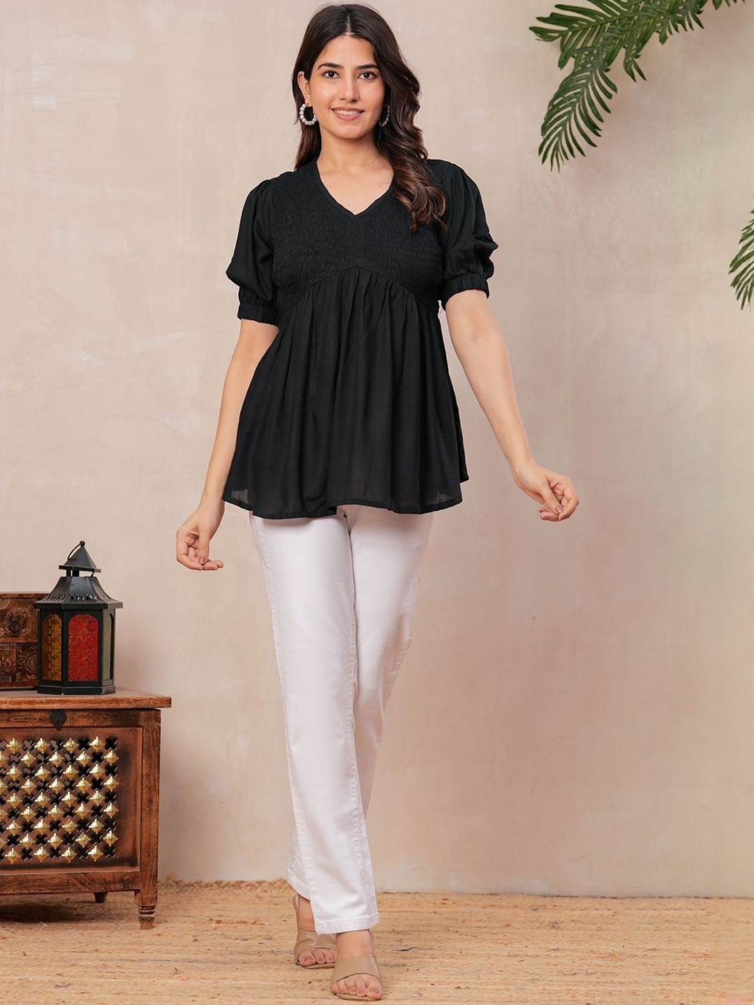 Angarkha Women V-Neck Puff Sleeve Smocked Regular Top