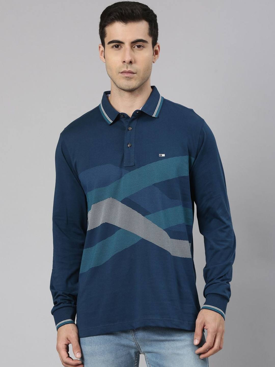 Classic Polo Men Geometric Printed Polo Collar Cotton Slim Fit T-shirt