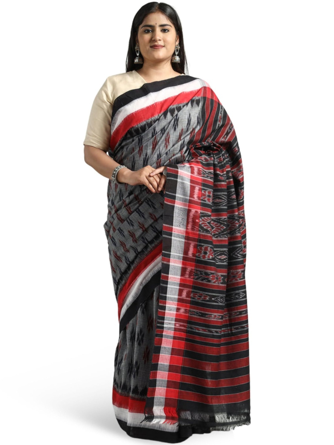 COTTONSILK & KHANDUAPATA Pure Cotton Sambalpuri Ikat Saree without Blouse