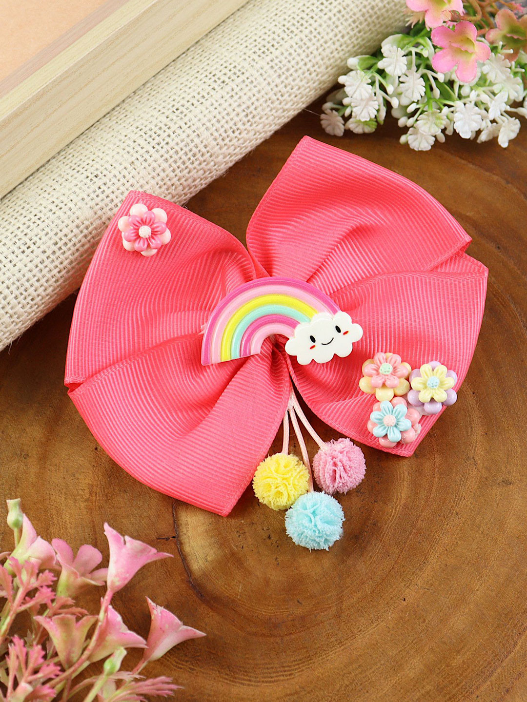 Asthetika Kids Girls Embellished Alligator Rainbow Charm Fabric Bow Hair Clip