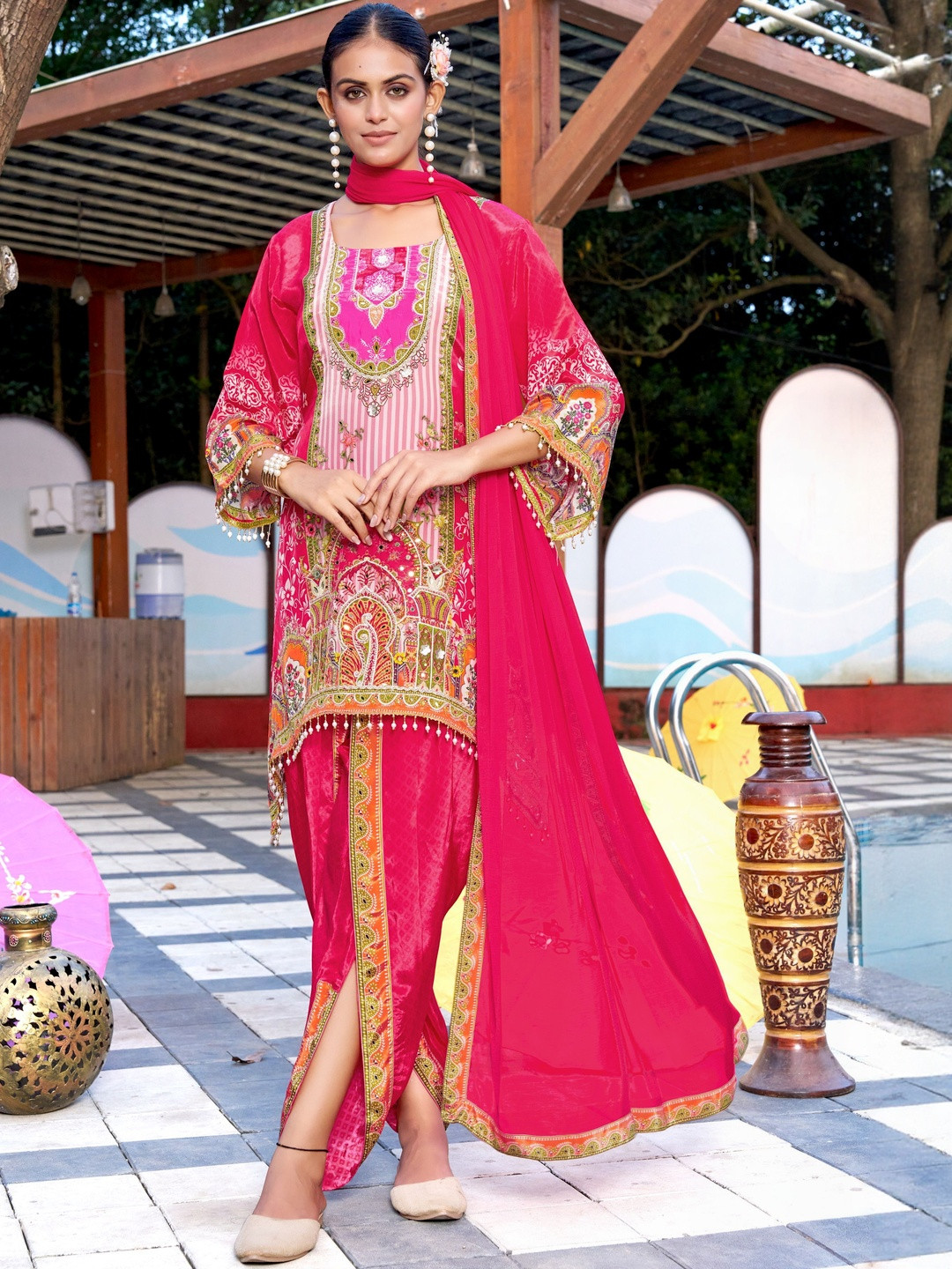 PIRRA DESIGNS Women Printed Regular Beads and Stones Silk Crepe With Dupatta