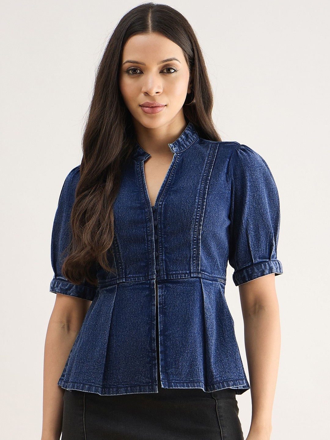 Orchid Blues Mandarin Collar Puff Sleeve Cotton Denim Peplum Top