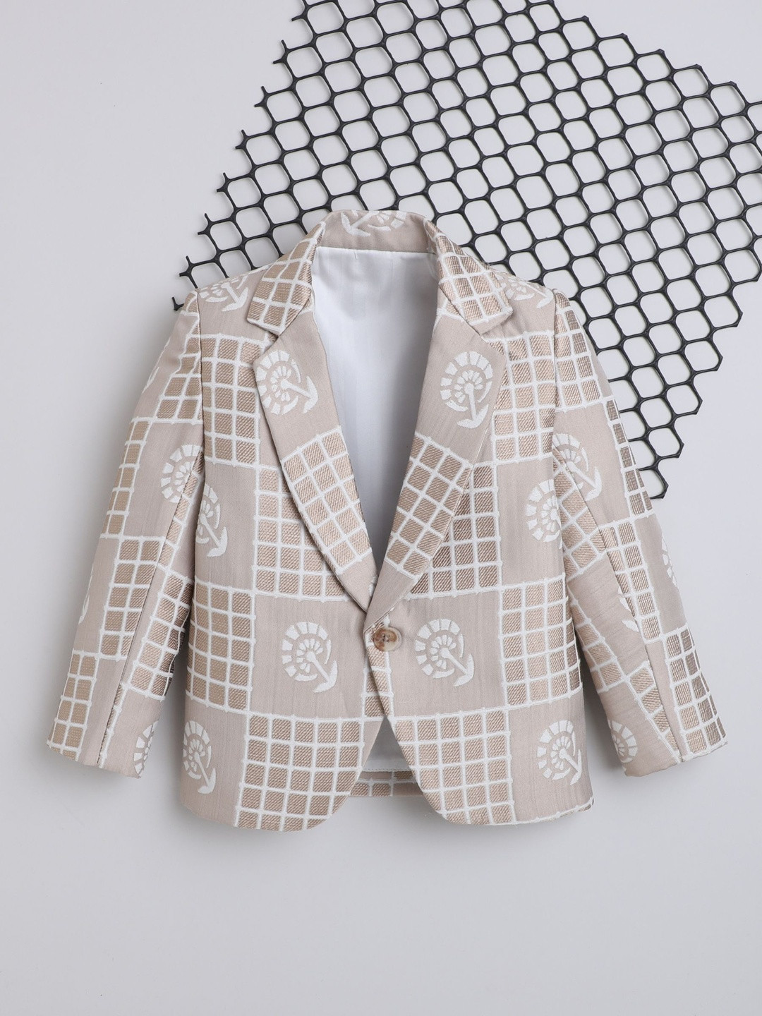 Ministitch Boys Cream Checked Single-Breasted Jacquard Blazer