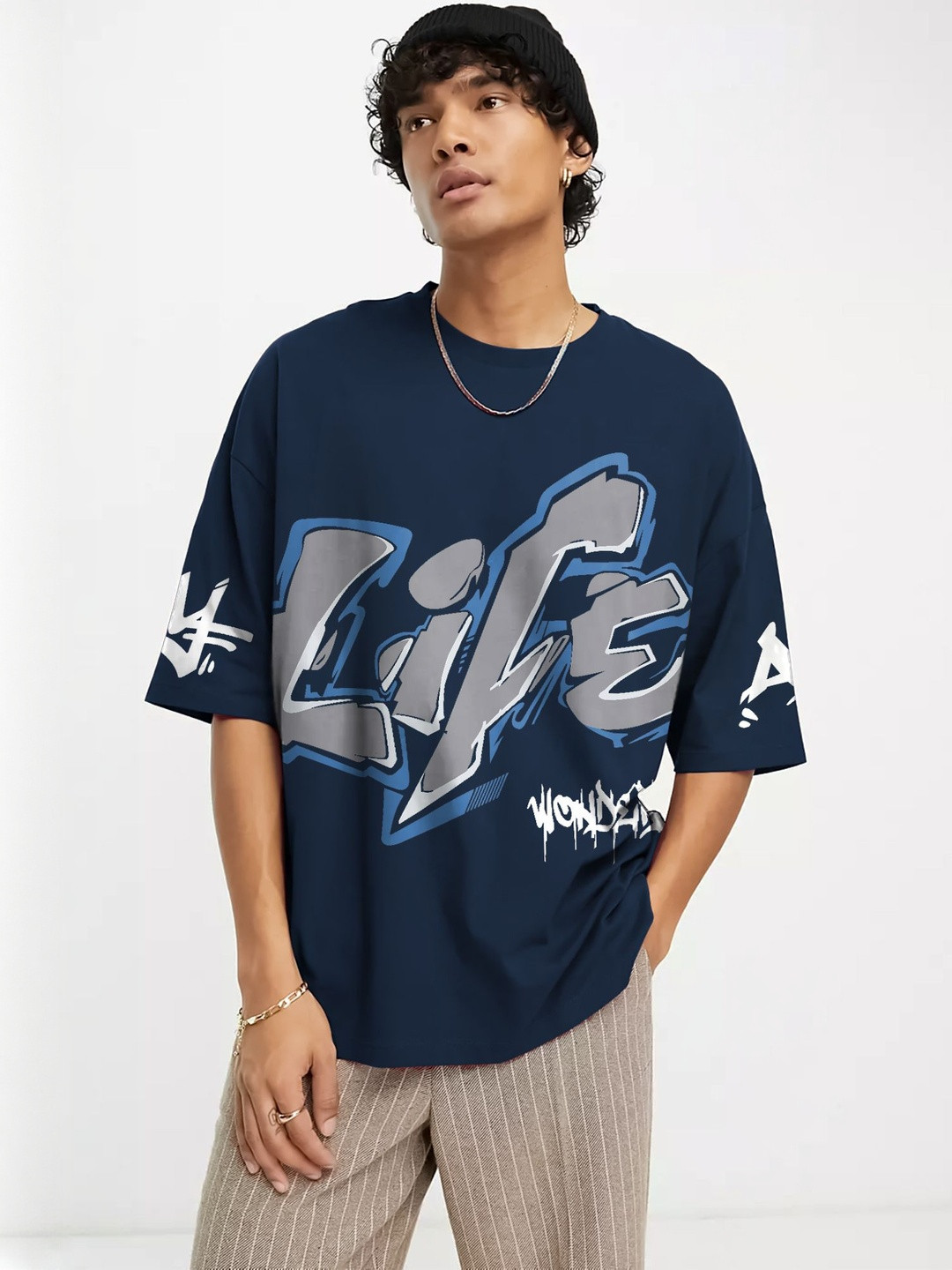 JUMPCUTS Men Typography Printed Drop-Shoulder Sleeves Slim Fit T-shirt