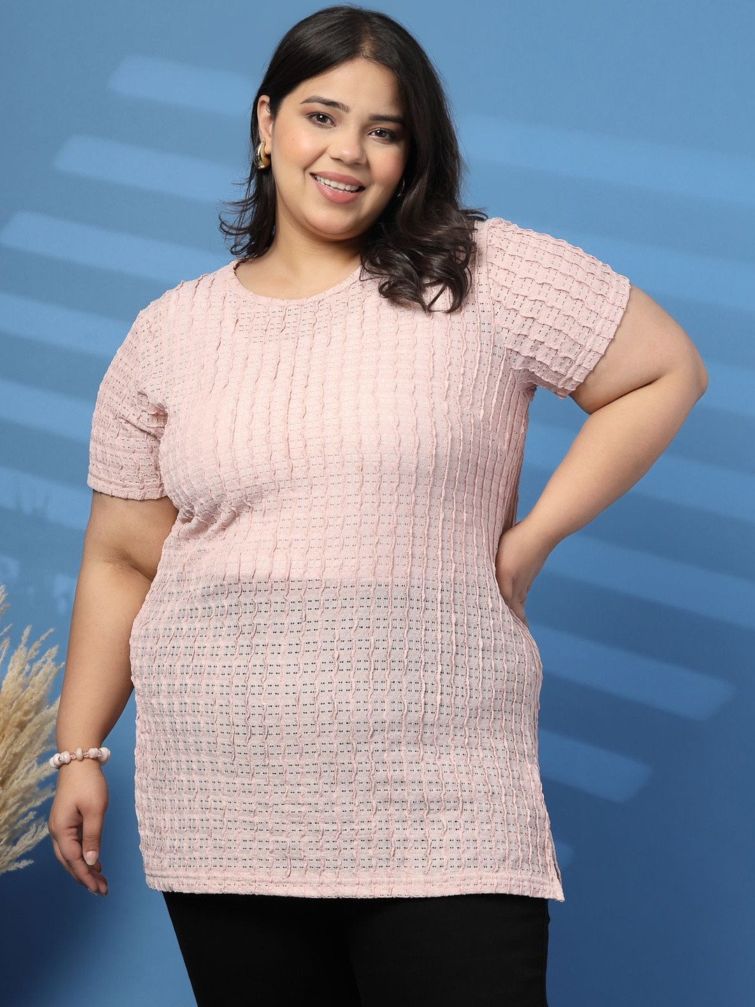 plusS Self Design Round Neck Short Sleeves Plus Size Cotton T-shirt