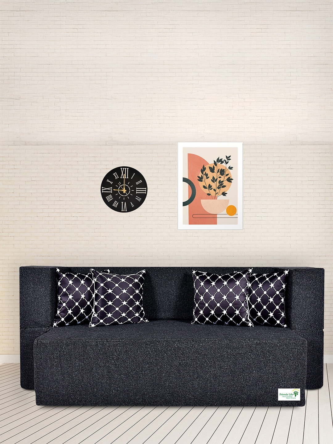 FRIENDS LIFE Grey & White 4 Seater Comfort For All Sofa Cum Bed With 4 Pillows