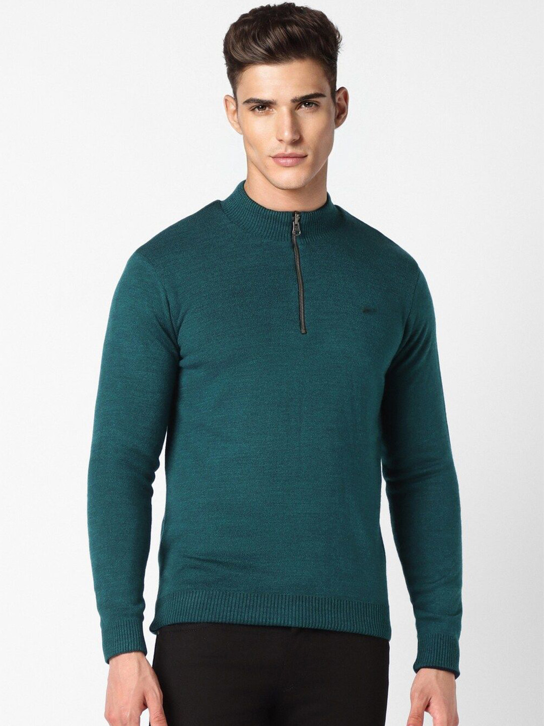 Peter England Casuals Men Mock Collar Long Sleeve Half Zipper Front-Open Sweater