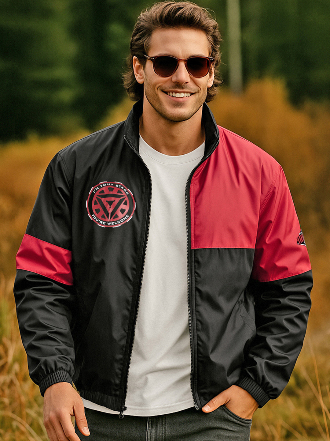 Bewakoof AIR Marvel Men's Black & Bold Red Color Block Oversized Windcheater Jacket