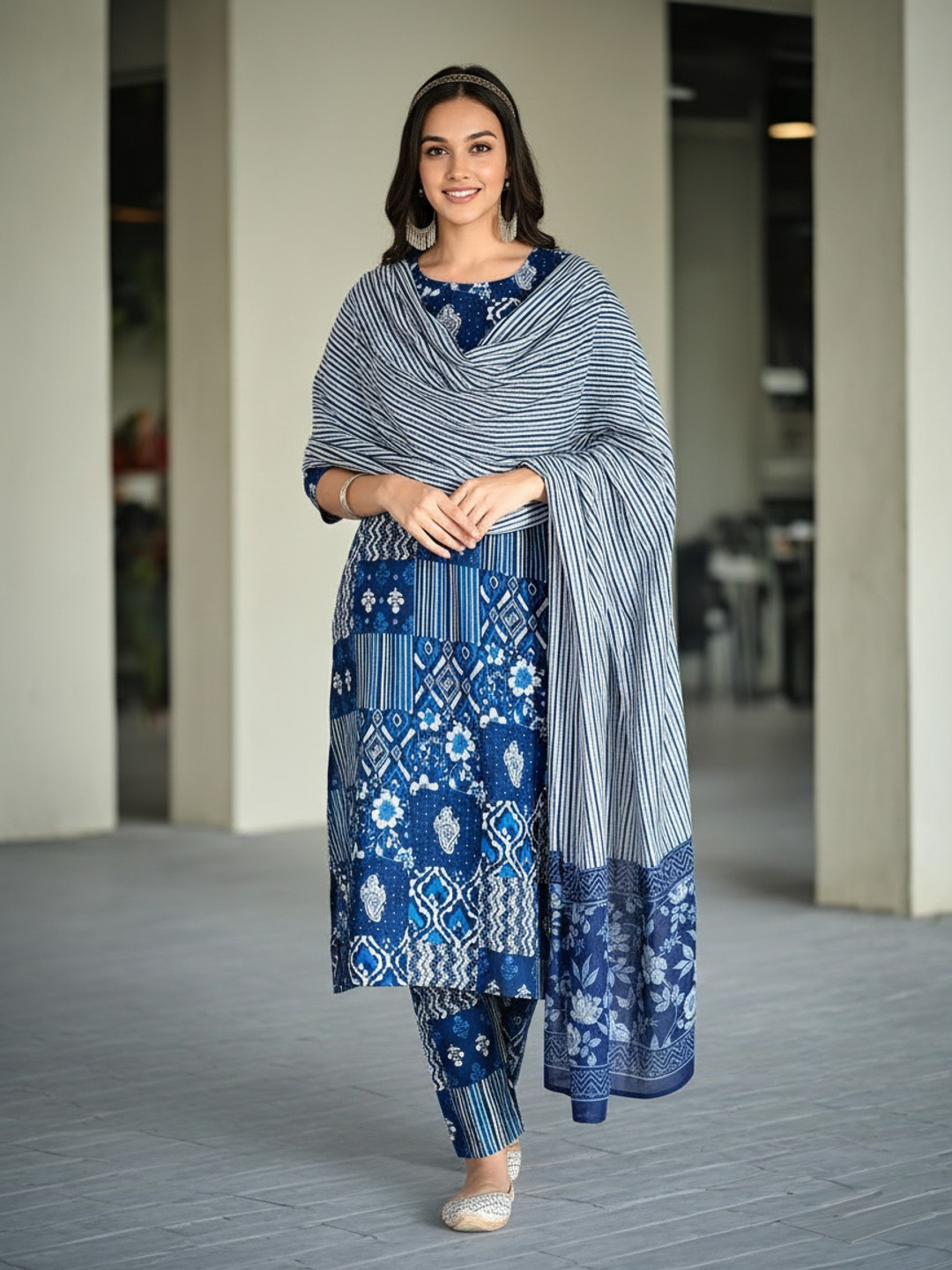 OZIA Geometric Printed Round Neck Pure Cotton Straight Kurta With Trousers & Dupatta