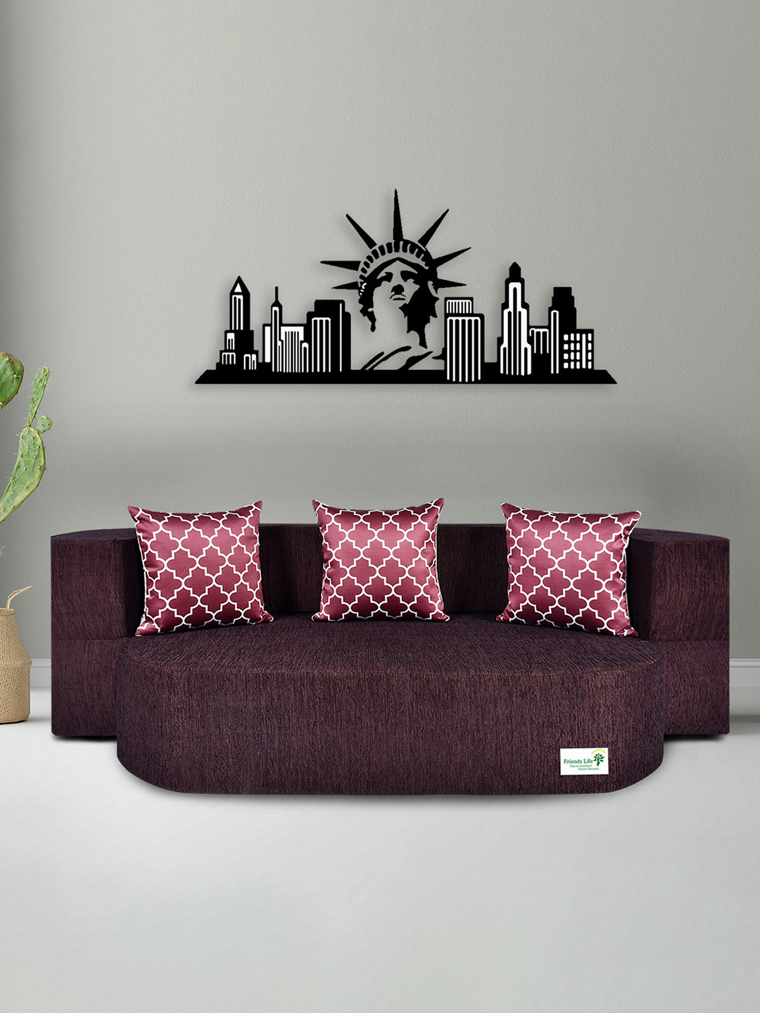 FRIENDS LIFE Brown & Maroon 3 Seater Comfort Sofa Cum Bed With Pillows