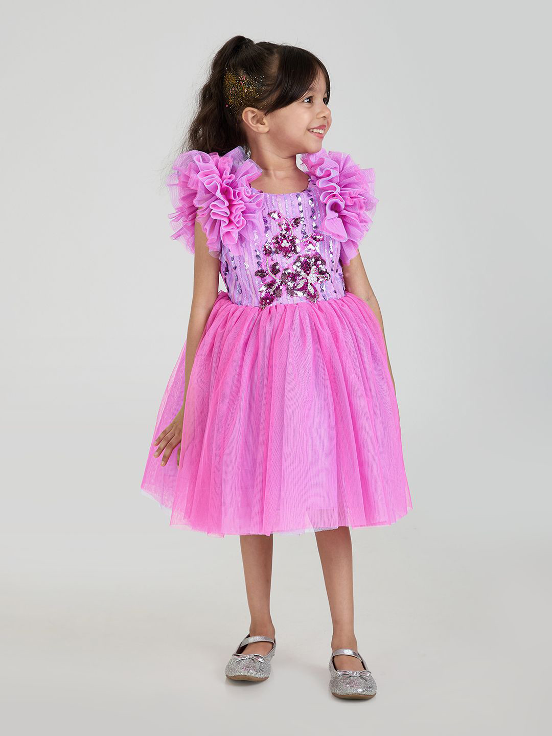 Hopscotch Girls Pink Ruffle Embellished Round Neck Dress