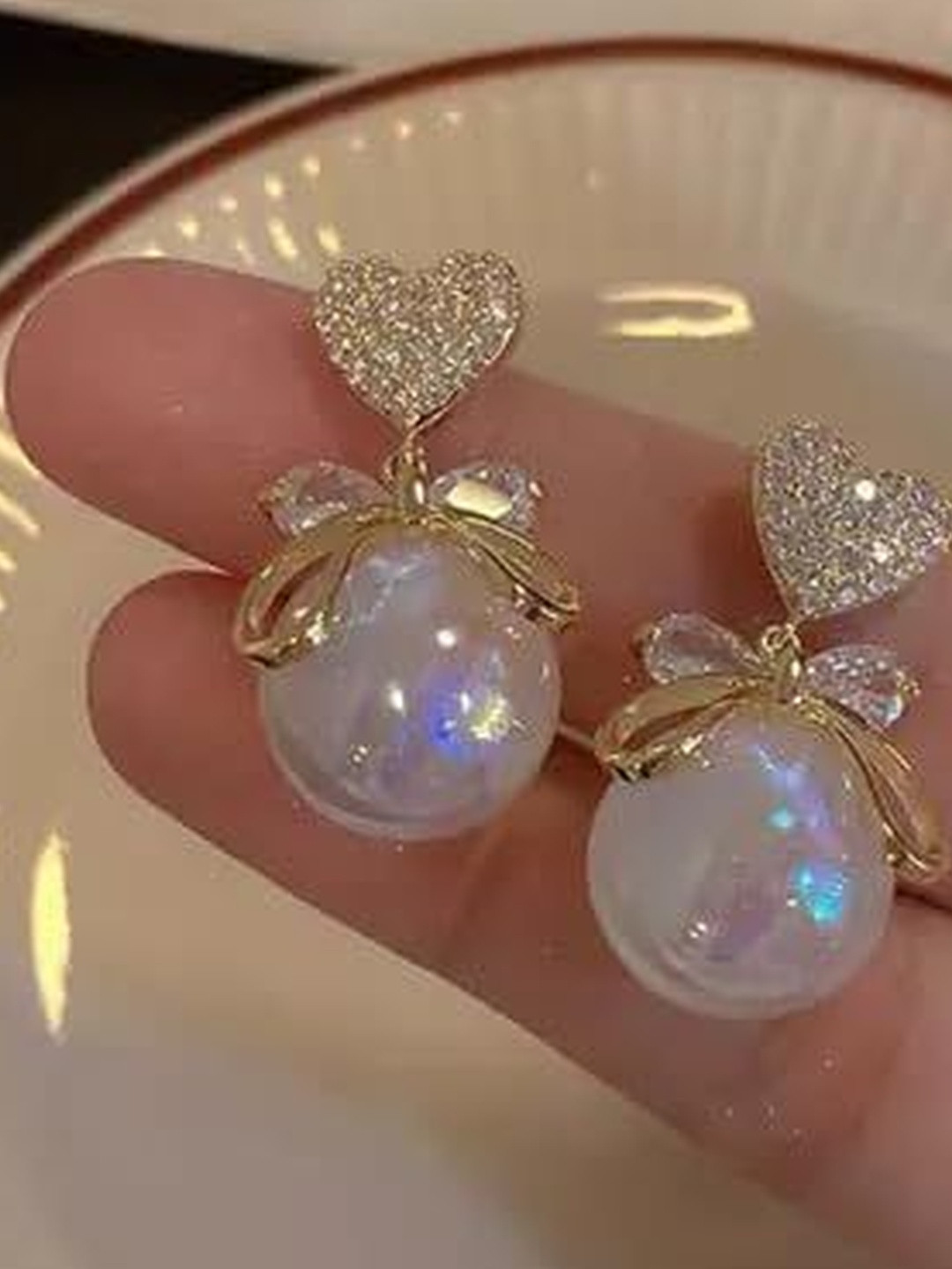 LIMINE JEWELS Steel Gold-Plated American Diamond Studded Korean Spherical Drop Earrings