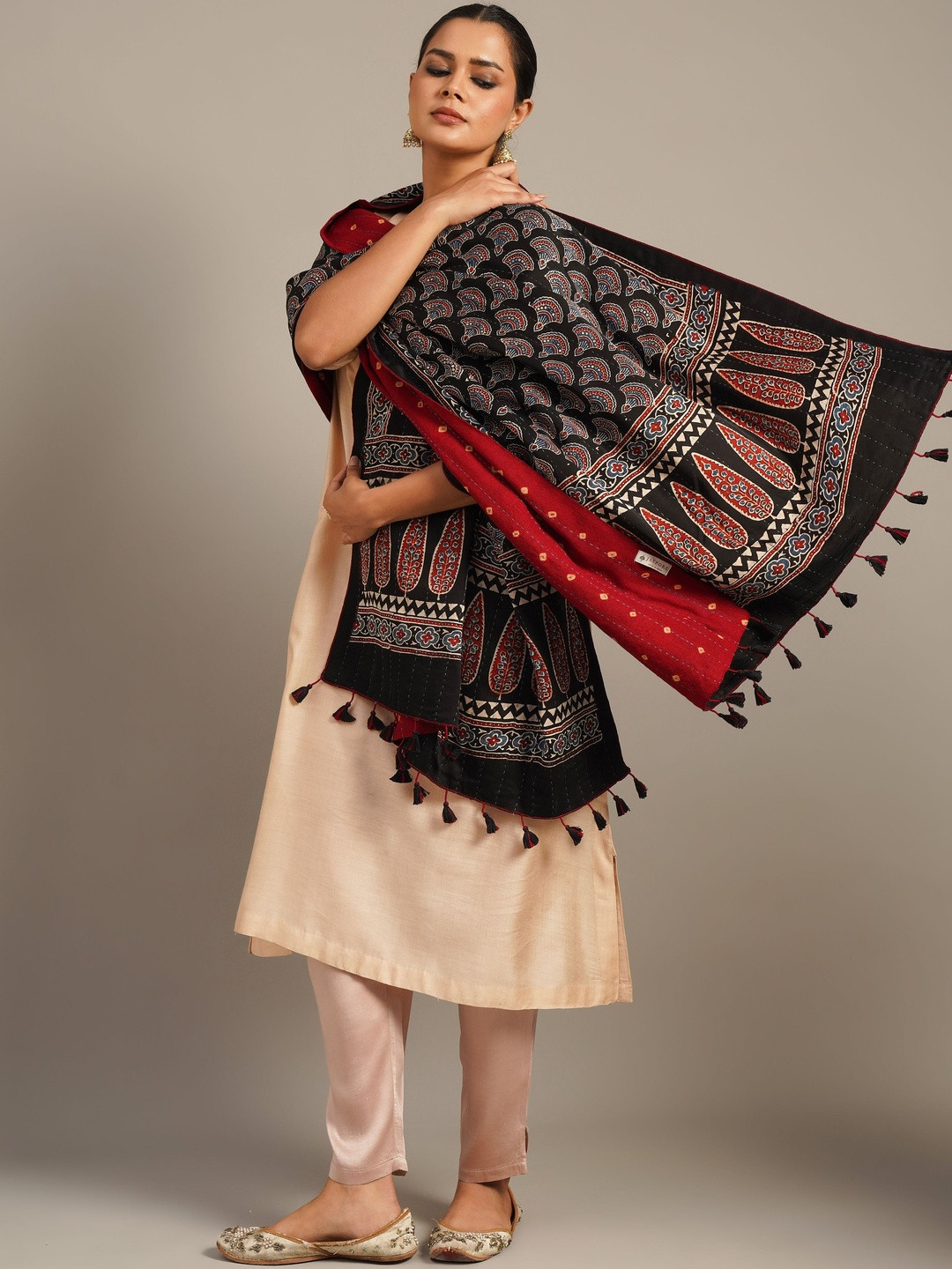 JAYPORE Women Abstract Printed Shawl With Tasselled Border