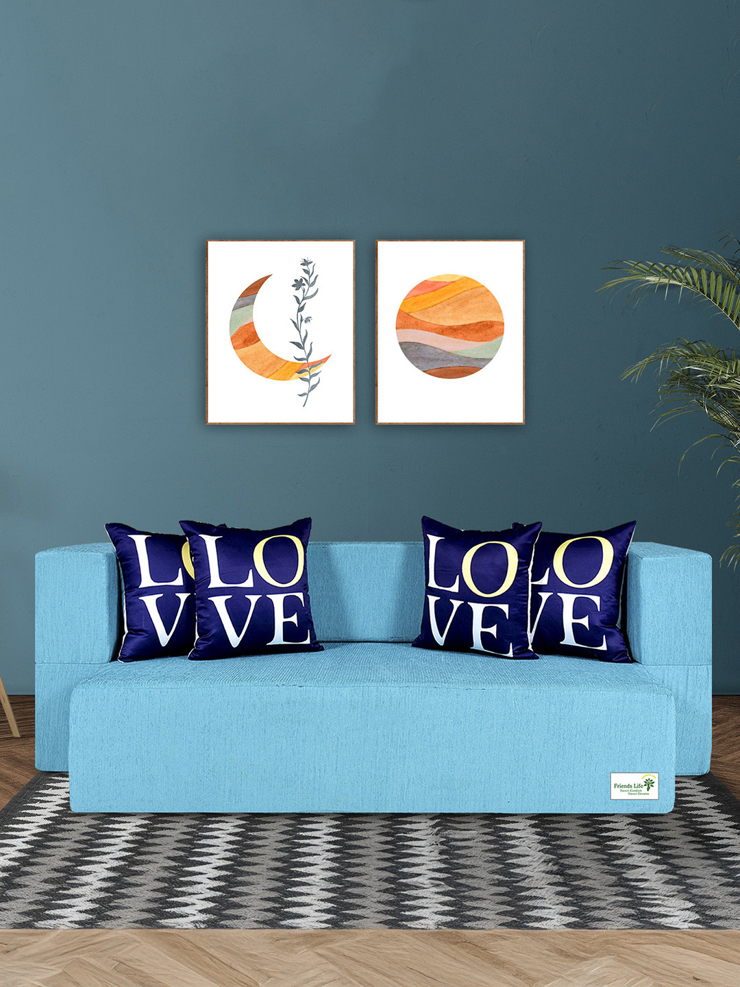 FRIENDS LIFE Blue & Navy Blue 3 Seater Fold Out Sofa Cum Bed 4 Pillows