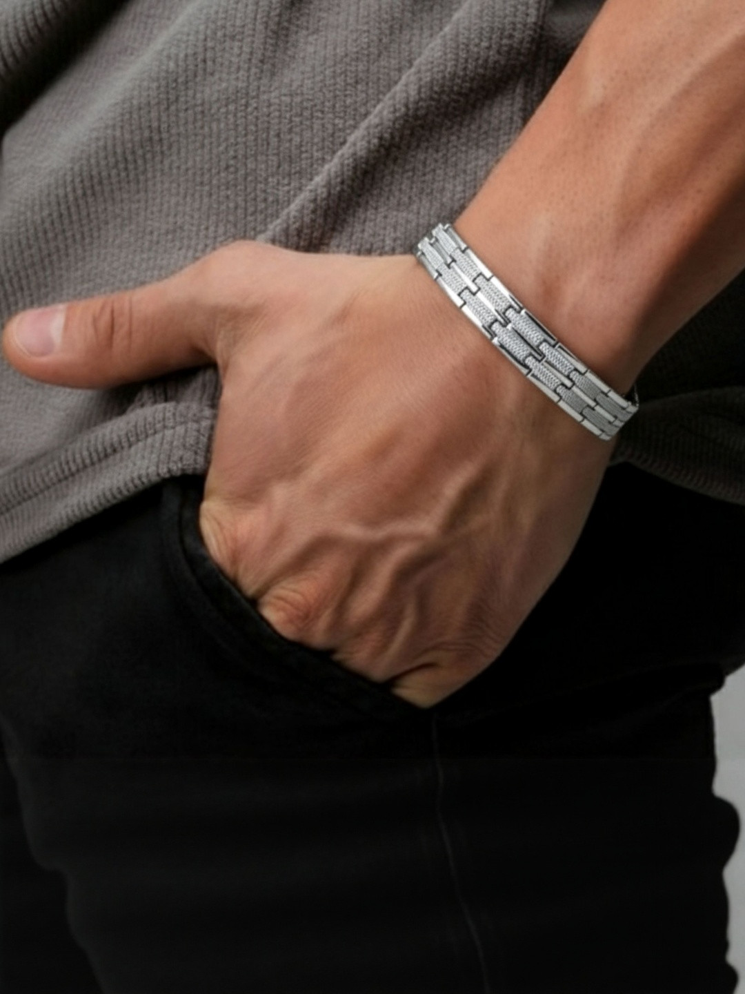 RKB Sales Stainless Steel Silver-Plated Cuff Bracelet