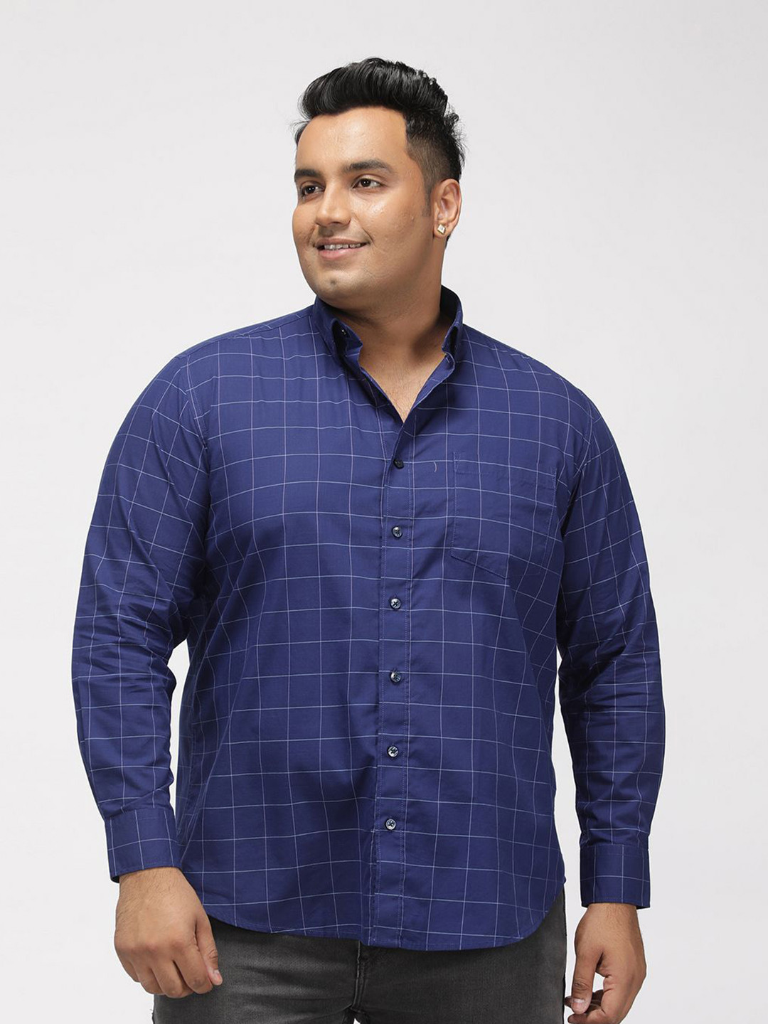 Big Hello - The Plus Life Plus Size Windowpane Checked Long Sleeves Cotton Shirt
