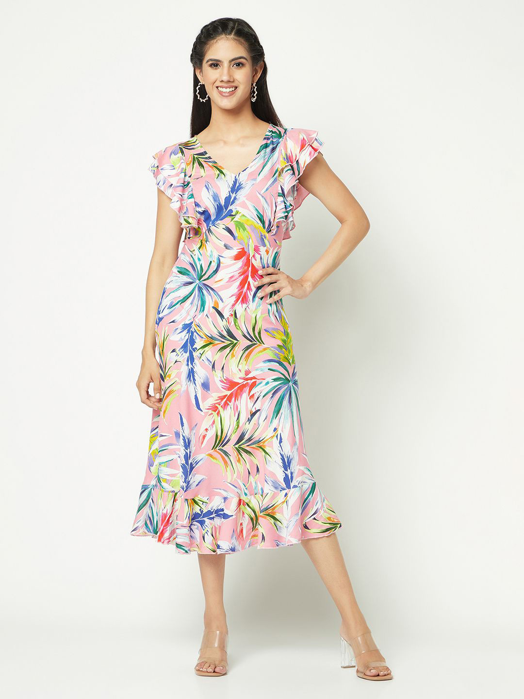 GLITO X Tropical Print Flutter Sleeve Ruffled Fit & Flare Midi Dress