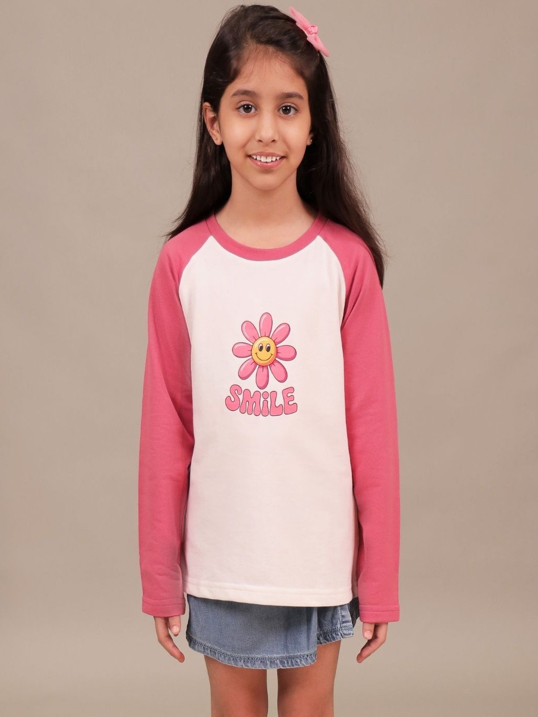 Grit N Groove Girls Colourblocked Round Neck Cotton Raglan Sleeves Top