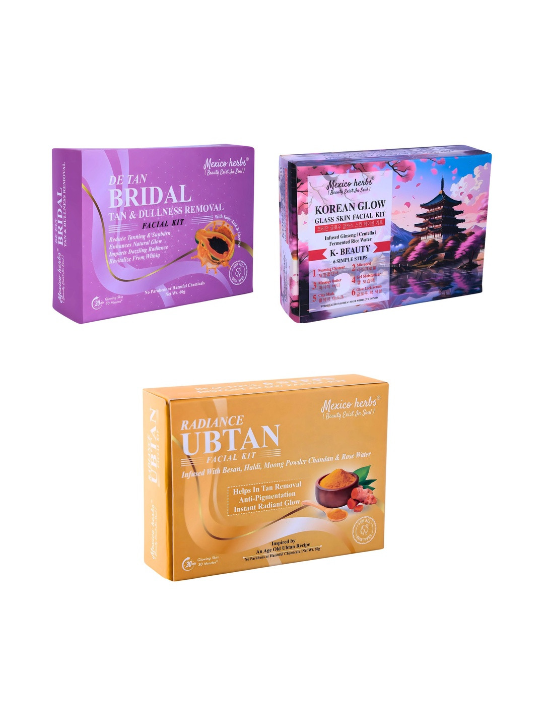 Mexico herbs Set Of 3 Bridal Korean & Ubtan Facial Kit For Anti Ageing - 60 g Each