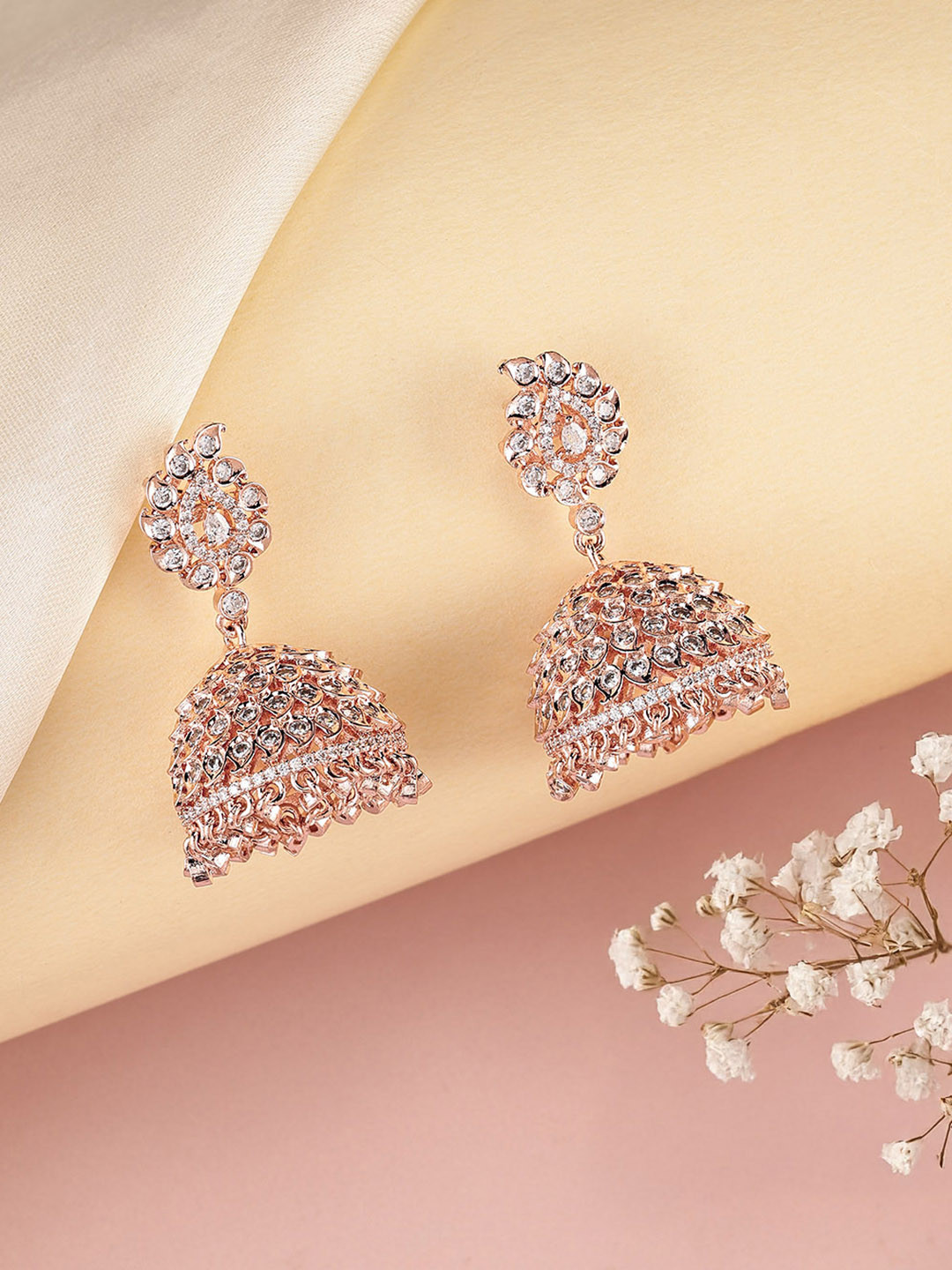 Peora Rose Gold-Plated Cubic Zirconia Dome Shaped Jhumka Earrings