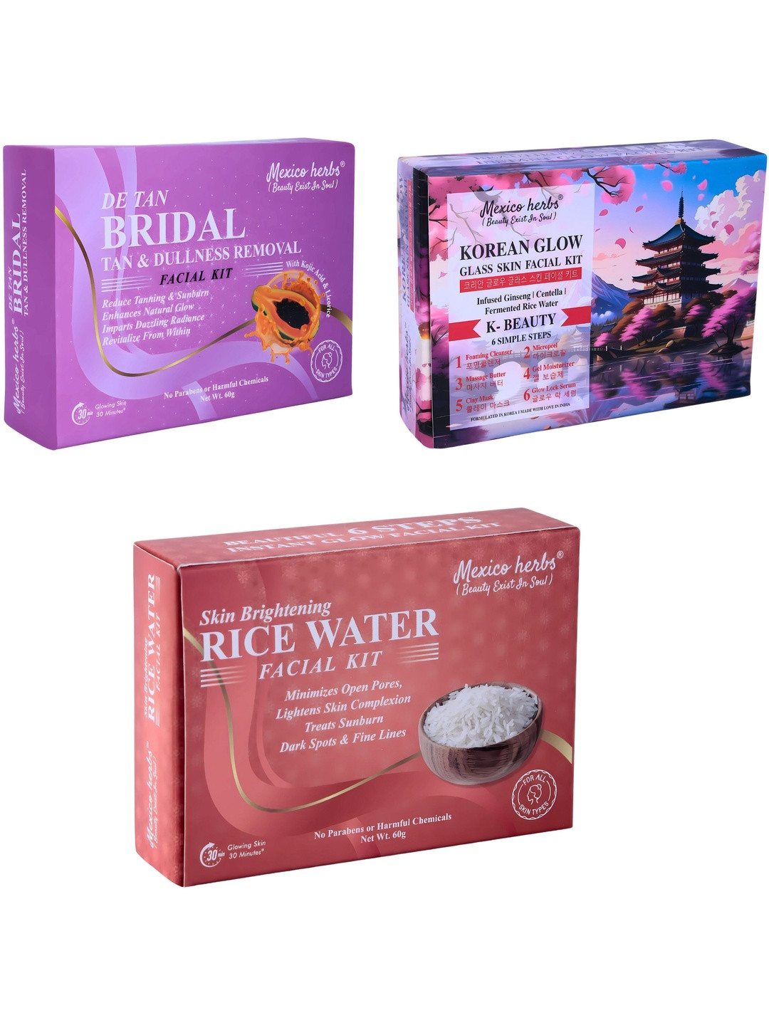 Mexico herbs Set Of 3 Korean Bridal & Rice Water Facial Kit For Skin Brightening 60 g Each