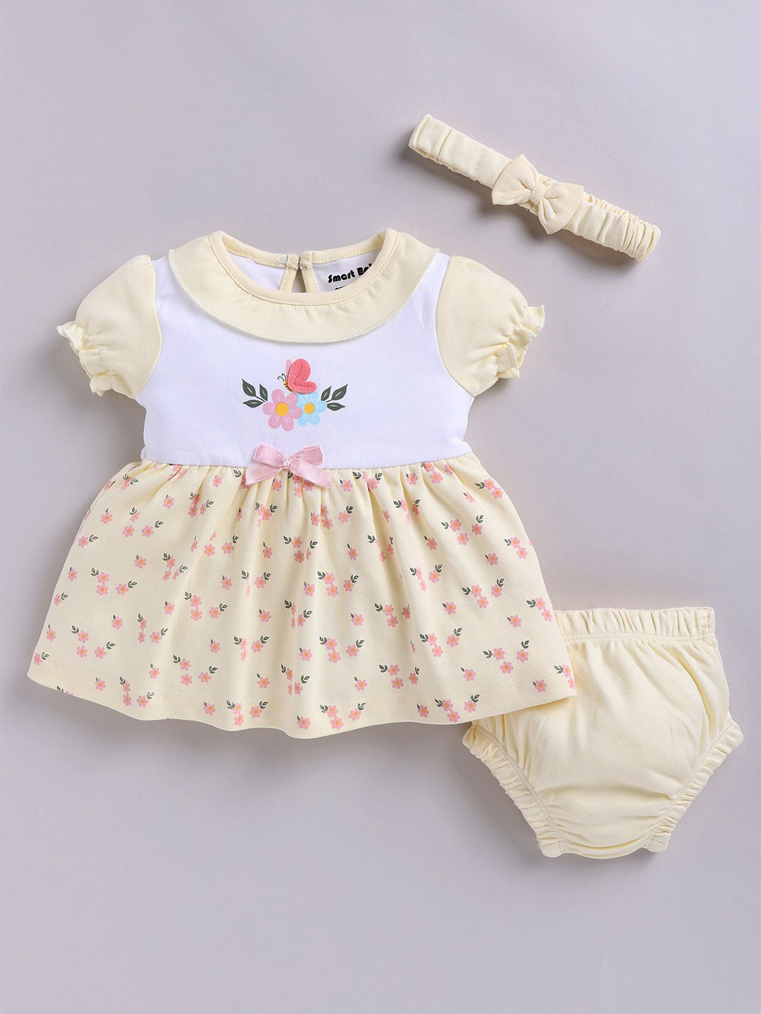 Smart Baby Girls Floral Printed Pure Cotton Fit & Flare Dress with Bloomer and Headband