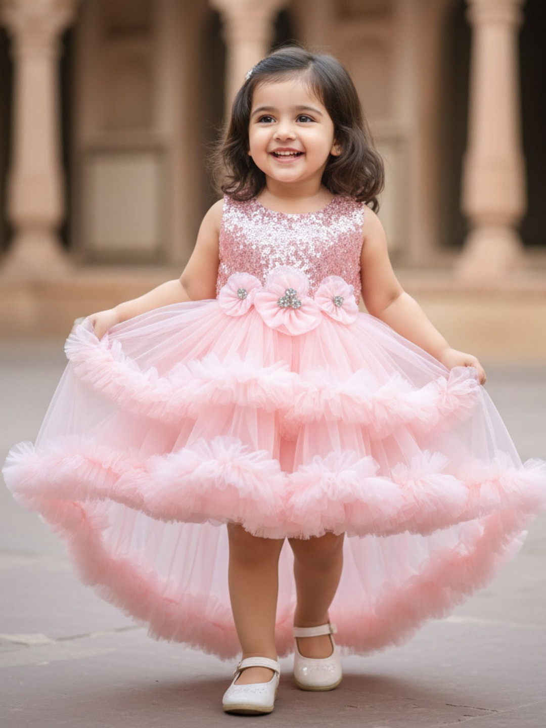 Lagorii Girls Peach Sequin Bodice High-Low Party Frock with Ruffle Layers