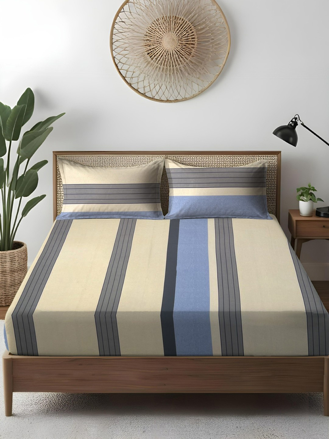 WEAVE AND DECOR White & Blue Striped Pure Cotton 300 TC Queen Bedsheet Set 1.82 x 1.82 m