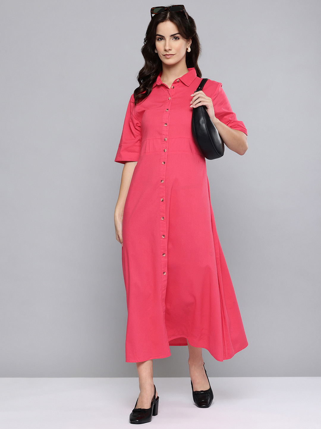SCOUP Waist Tie-Up Cotton Shirt Maxi Dress