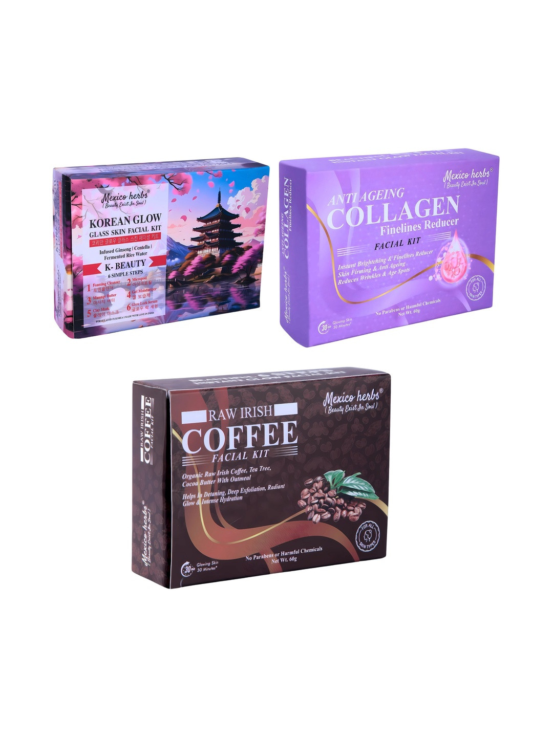 Mexico herbs Set Of 3 Korean Collagen & Coffee Facial Kit - 60 g Each